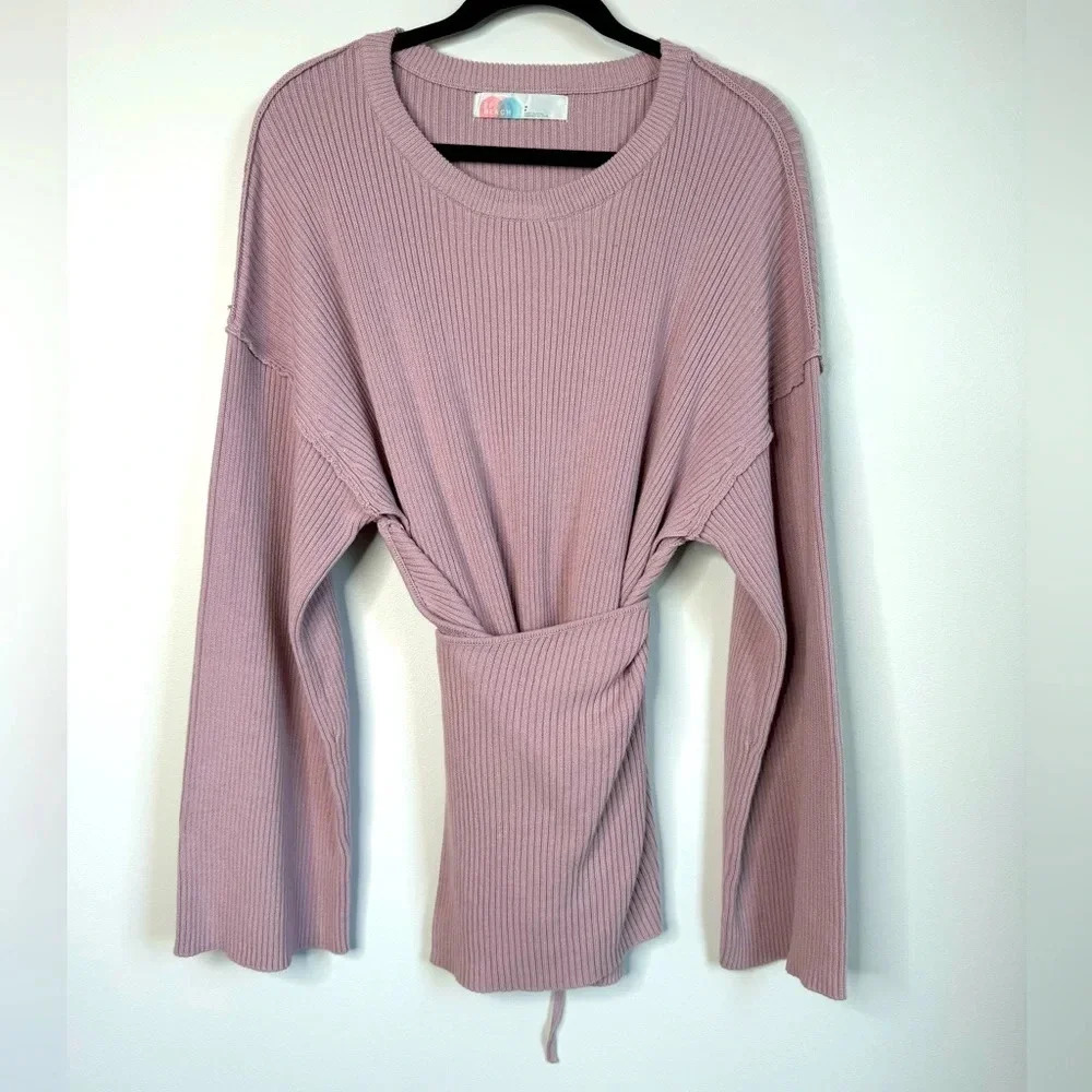 Free‎ People Beach Purple Cotton Tie Wrap Ribbed Wide Sleeve Oversized Sweater